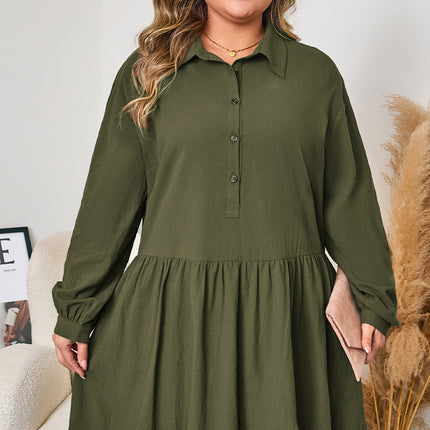 Four Leaf Clover Plus Size Collar Half Button Long Sleeve Ruffle Hem Mini Dress