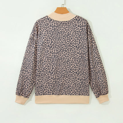 Multicolour Plus Size Leopard Print Ribbed Color Block Mock Neck Tunic Sweatshirt