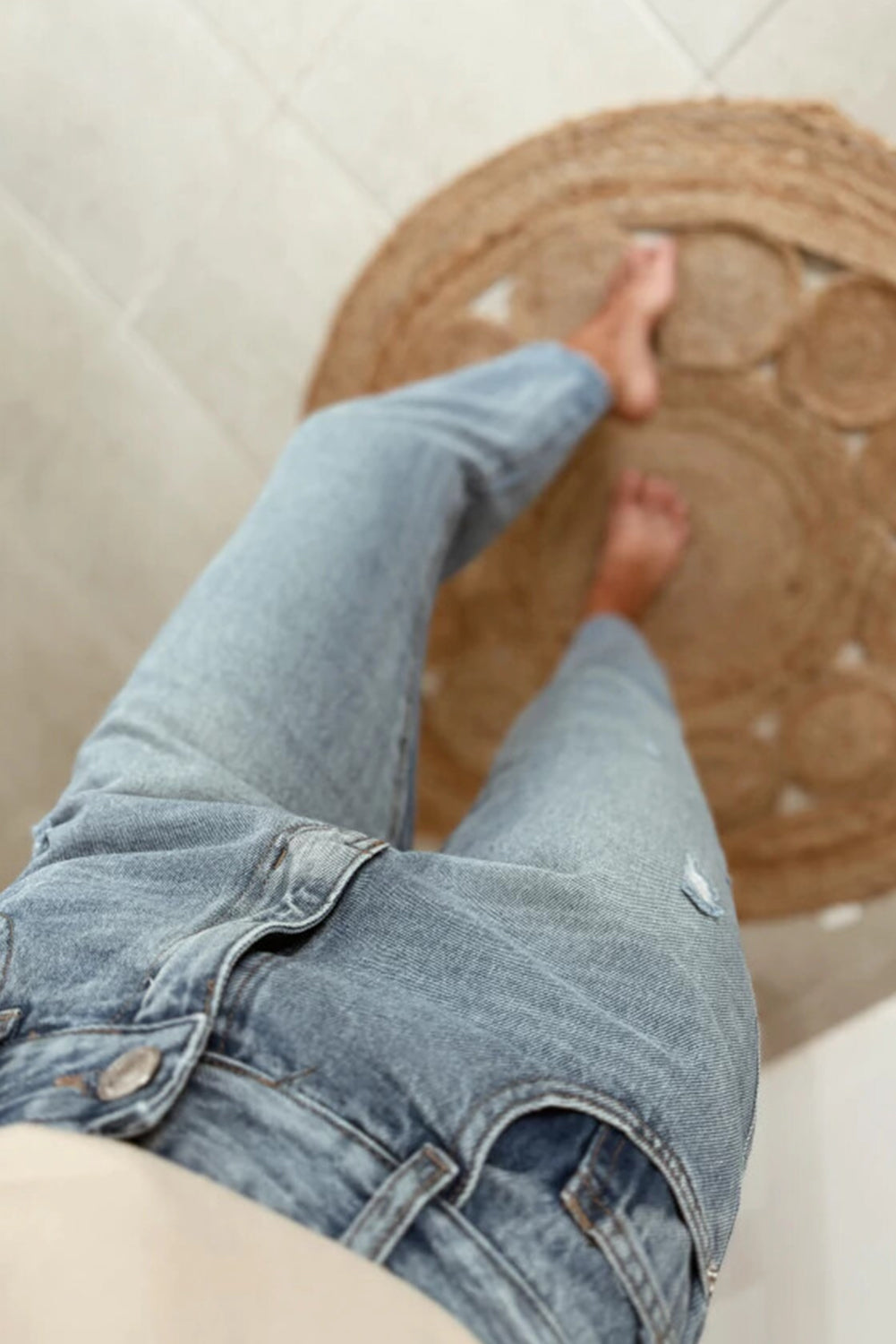 Beau Blue Slightly Distressed Ankle-length Straight Jeans