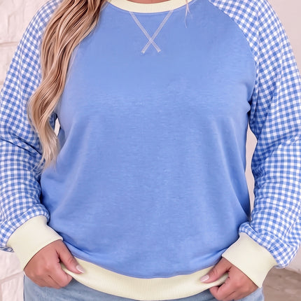 Light Blue Plaid Sleeve Ribbed Colorblock Trim Plus Size Sweatshirt