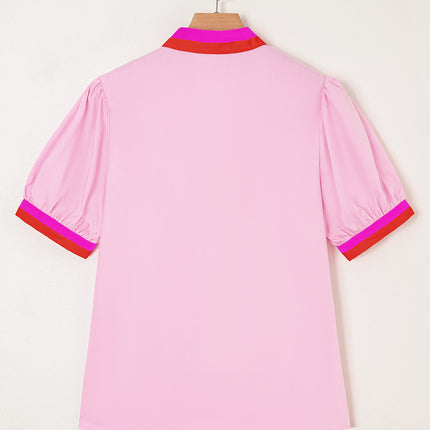 Pink Contrast Striped V Neck Collision Short Puff Sleeve Blouse