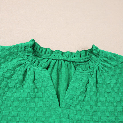 Bright Green Textured Puff Short Sleeve Notched V Neck Top