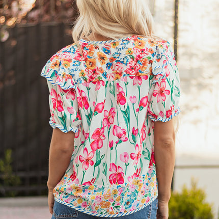 Pink Floral Print Striped Detail Split Neck Short Sleeve Blouse