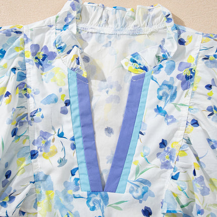 Sky Blue Floral Print Frilled Notched V Neck Blouse