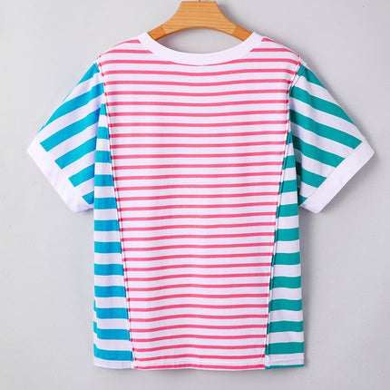 Pink Stripe Mixed Pattern Patchwork Uneven Hem Loose Tee