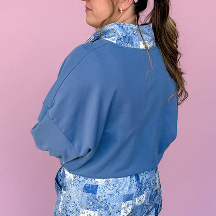 Blue Floral Patchwork V-Neck Long Sleeve Short Bottoms Plus Size Set