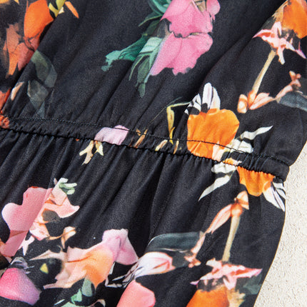 Black Plus Size Floral Print Tie Neck Cinched Waist Long Sleeve Mini Dress