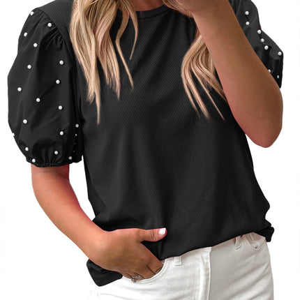 Black Ribbed Pearl Beaded Puff Sleeve Top