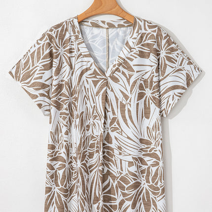 Khaki Floral Print V Neck Short Sleeve Loose Fit Blouse