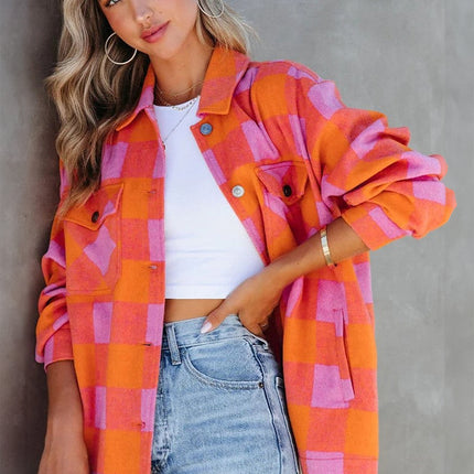 Orange Plaid Chest Pockets Button-up Turn Down Collar Jacket