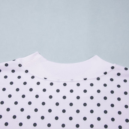 White Polka Dot Ribbed Stand Neck Plus Size Casual Sweatshirt
