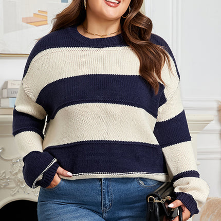 Blue Stripe Color Block PLus Size Drop Shoulder Sweater