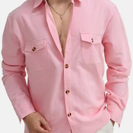 Casual Loose V-neck Solid Color Top Button Chest Pocket Shirt
