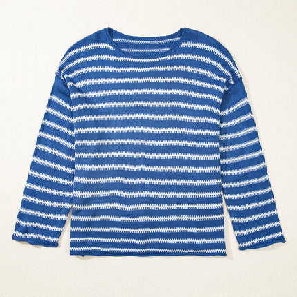 Sky Blue Stripe Drop Shoulder O Neck Plus Size Sweater