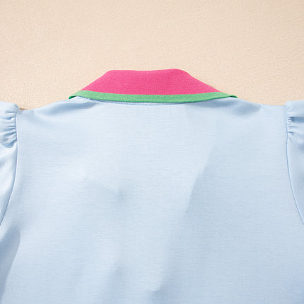 Beau Blue Color Contrast Ruffled Sleeve Collared V Neck Blouse