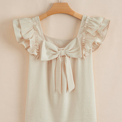 Beige Textured Bow Knot Frilled Butterfly Sleeve Blouse