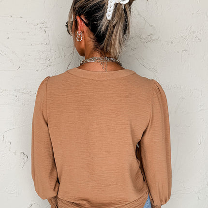 Straw Yellow Solid Color Shirred Cuff Notch V Neck Blouse