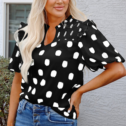 Black Polka Dot Print Shirred Yoke Notched Neck Balloon Sleeve Blouse
