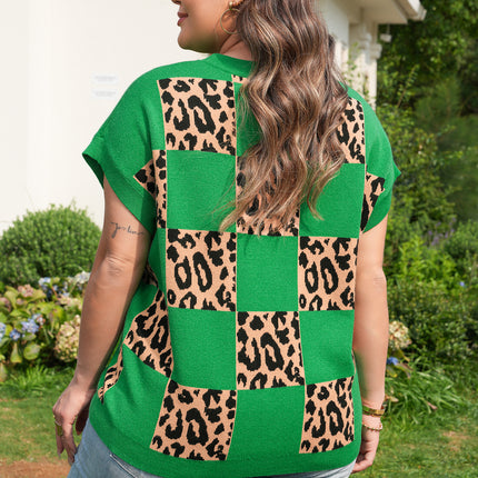 Green Plus Size Leopard Contrasted Checkered Short Sleeve Sweater