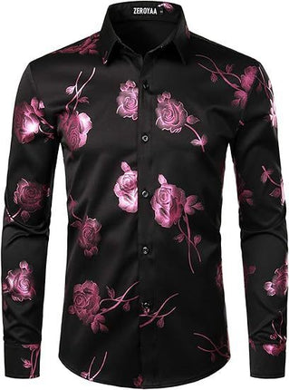 3D Golden Rose Print Slim Fit Long Sleeve Formal Wear Shirt