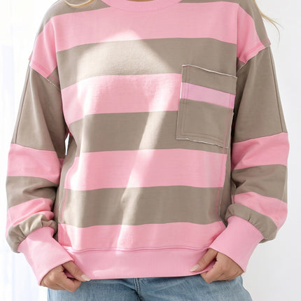 Pink Stripe Raw Seam Patchwork Drop Shoulder Plus Size Sweatshirt