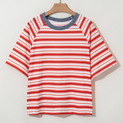 Tomato Red Stripe Print Contrast Collar Raglan Sleeve T Shirt