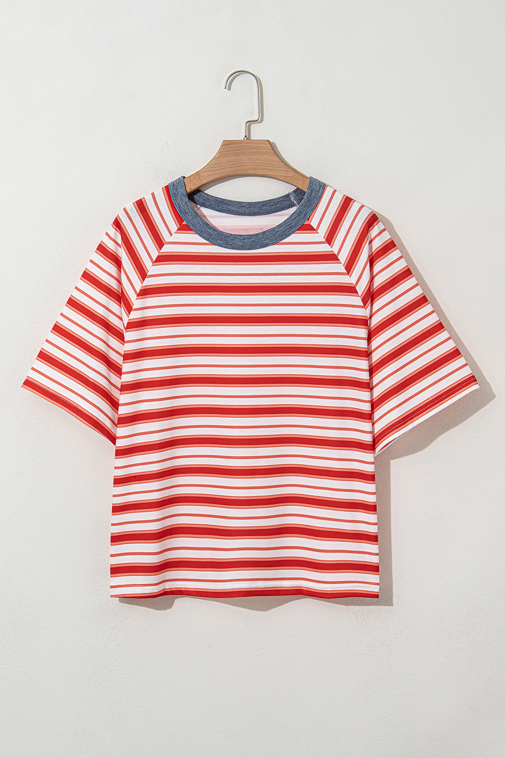 Tomato Red Stripe Print Contrast Collar Raglan Sleeve T Shirt