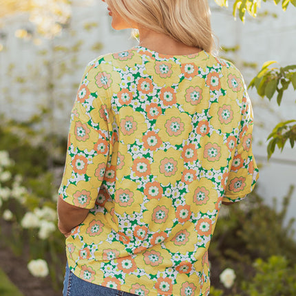 Yellow Summer Flower Printed Drop Shoulder Loose T Shirt