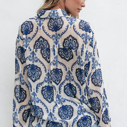 Blue Tribal Pattern Buttoned Front Loose Shirt