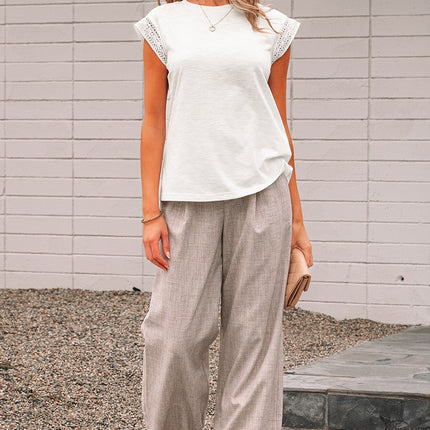 White Lace Patchwork Cap Sleeve Round Neck T Shirt