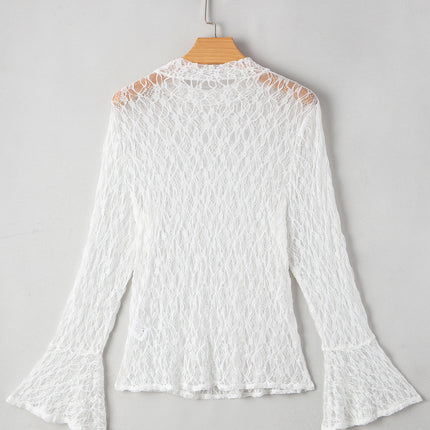 White Sheer Lace Bell Sleeve Mock Neck Blouse