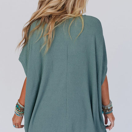 Moonlight Jade Oversized Ribbed Knit V Neck Dolman Short Sleeve Top