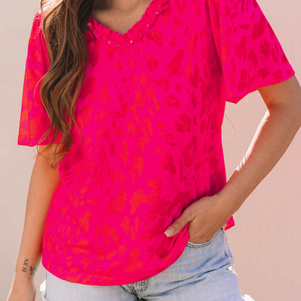 Rose Leopard Frilly V Neck Short Sleeve Blouse