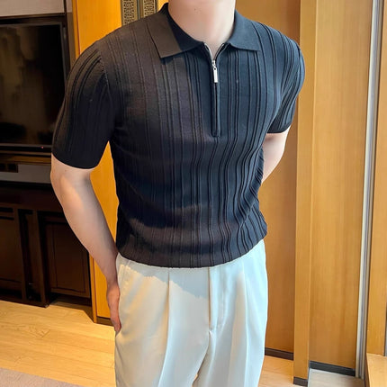 Casual Zipper Short Sleeve Men's Retro Elegant Jacquard Lapel