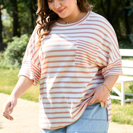 Pink Stripe Waffle Knit Pocketed Half Sleeve Plus Size T Shirt