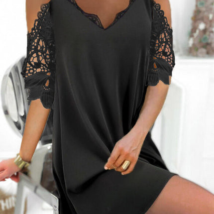 Lace Three-quarter-sleeve Straight-line Elegant Waist-cinched V-neck Dress