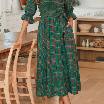 Green Tartan Plaid Square Neck Puff Sleeve Knot Waist Flared Midi Dress