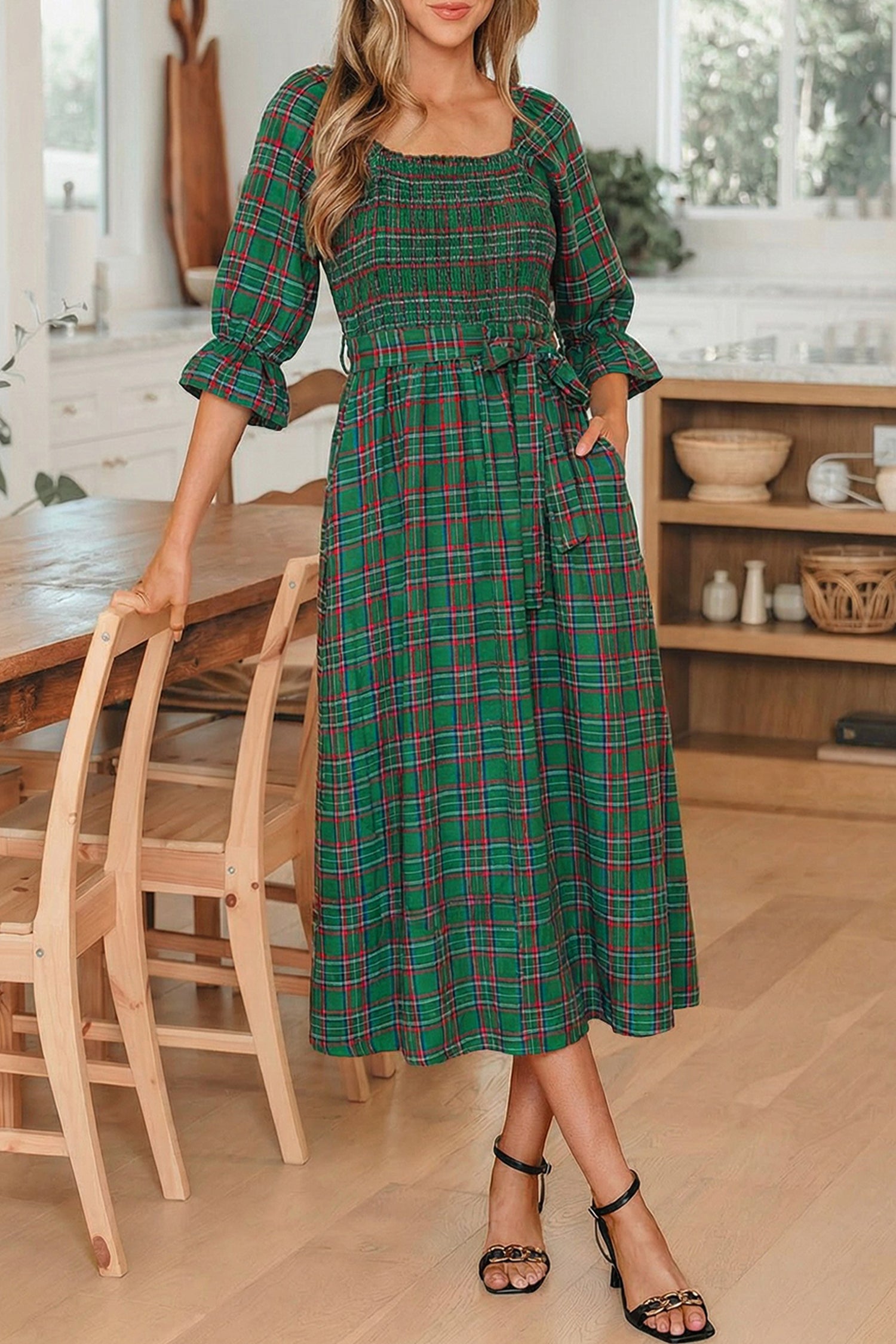 Green Tartan Plaid Square Neck Puff Sleeve Knot Waist Flared Midi Dress