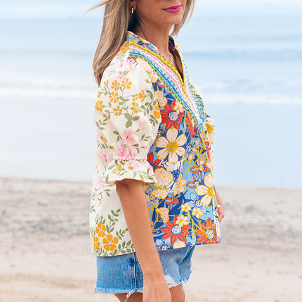 Multicolour Crochet V Neck Half Sleeve Boho Floral Blouse
