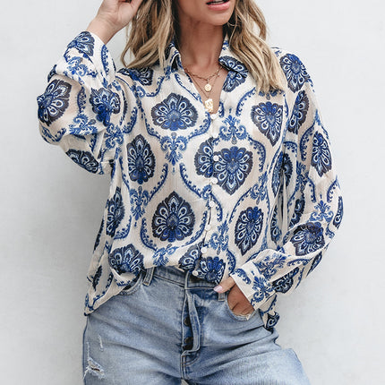 Blue Tribal Pattern Buttoned Front Loose Shirt