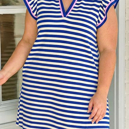 Dark Blue Striped Shift Dress Colorblock V Neck Short Sleeve Casual Summer