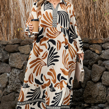 White Plus Size Abstract Print Contrast Collar Split Neck Shift Long Dress