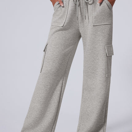 Light Grey Multi Pockets Lace-up High Waist Wide Leg Workout Pants