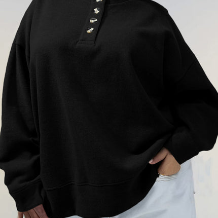Black Solid Button Placket Crew Neck Plus Size Sweatshirt