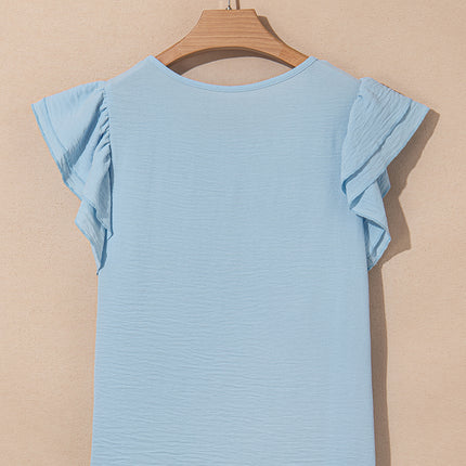 Mist Blue Solid Color Ruffled Short Sleeve Casual Blouse