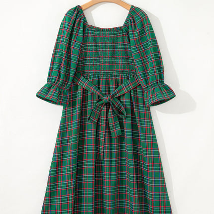 Green Tartan Plaid Square Neck Puff Sleeve Knot Waist Flared Midi Dress
