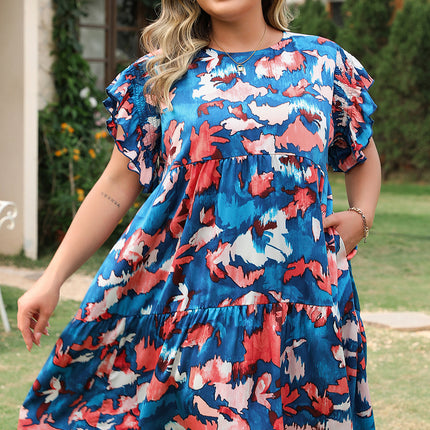 Blue Abstract Print Shirred Ruffled Short Sleeve Tiered Plus Size Mini Dress