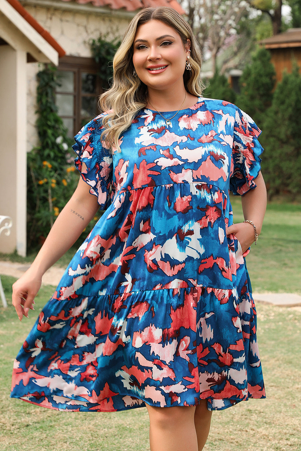 Blue Abstract Print Shirred Ruffled Short Sleeve Tiered Plus Size Mini Dress