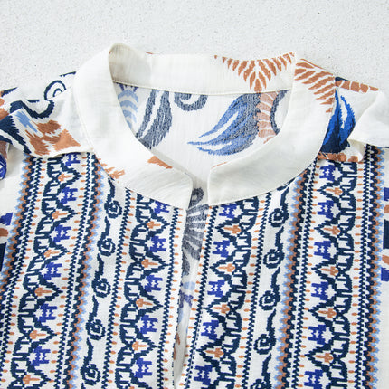 Sky Blue Plus Size Boho Print Split Neck Long Sleeve Mini Dress