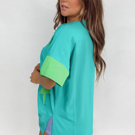 Aruba Blue Frayed Denim Star Patched Oversize T Shirt